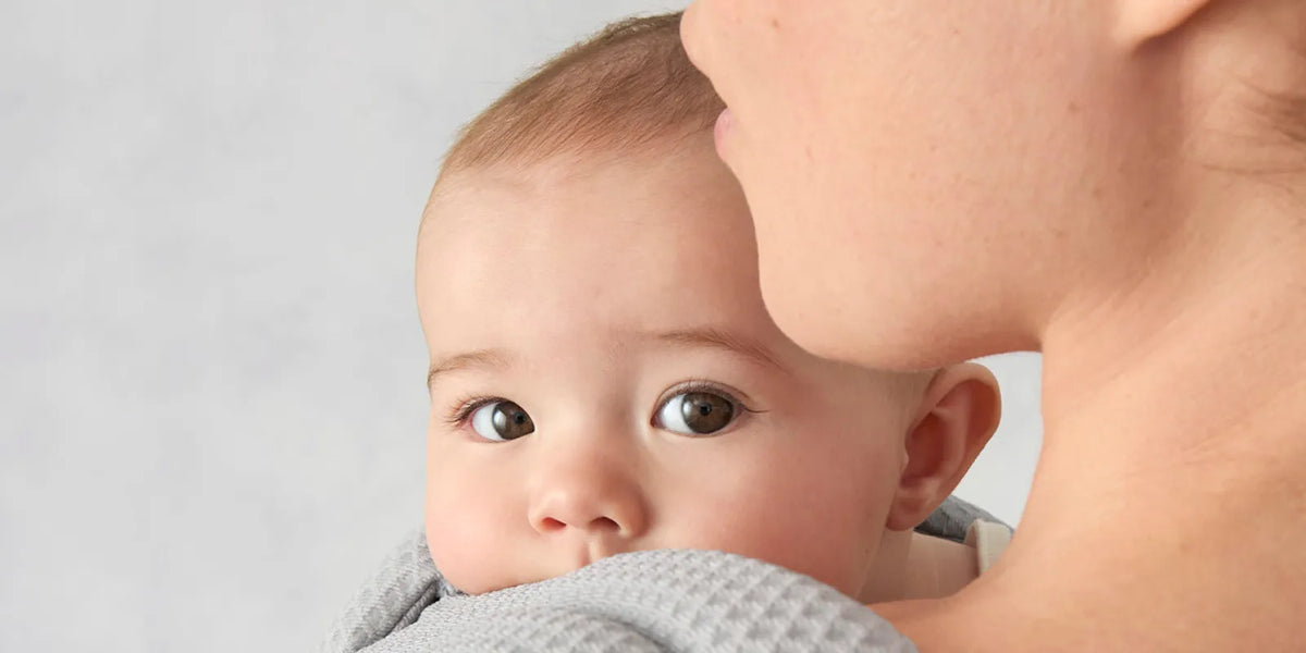 Ein Baby, das von einer Person vor einem hellgrauen Hintergrund gehalten wird